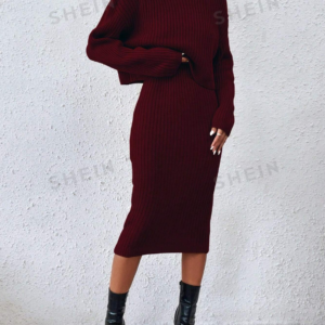 Pull col roulé à épaules tombantes et jupe en tricot