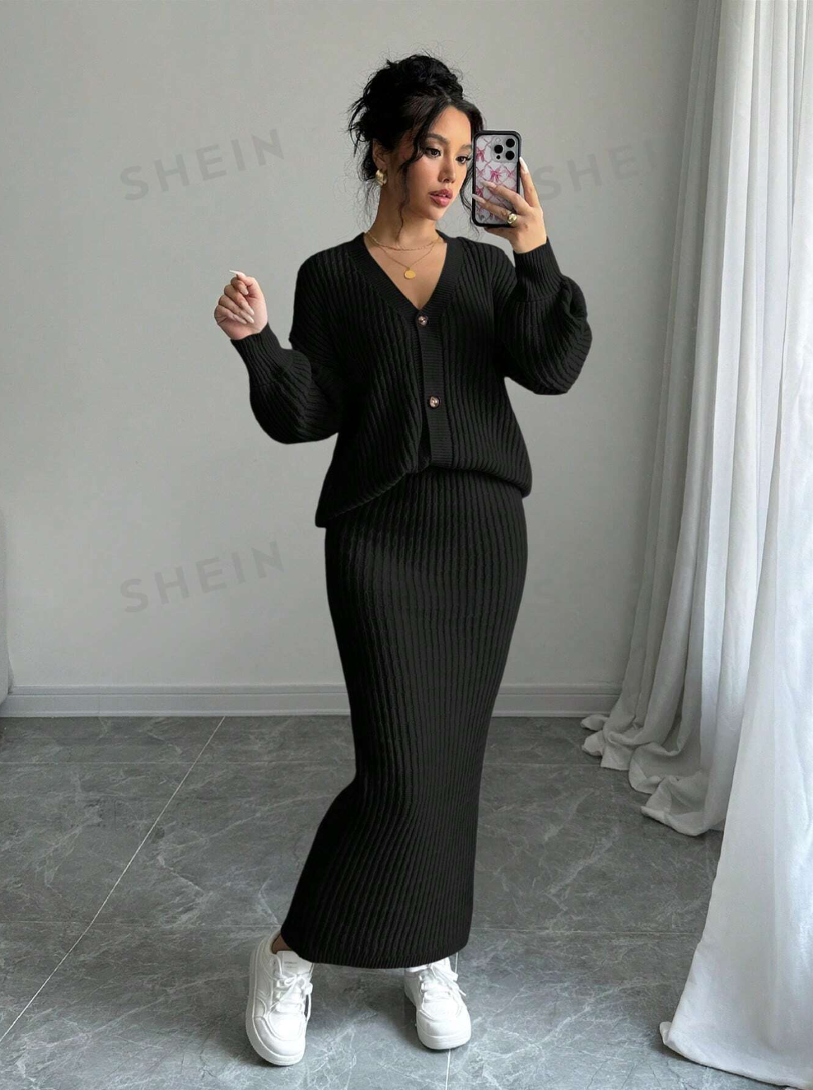 2 pièces/ensemble femme décontracté couleur unie cardigan et jupe, - Image 4