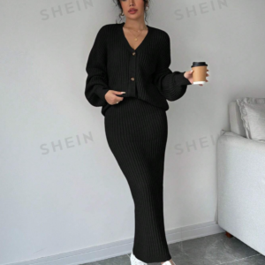 2 pièces/ensemble femme décontracté couleur unie cardigan et jupe,