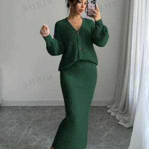 2 pièces/ensemble femme décontracté couleur unie cardigan et jupe,