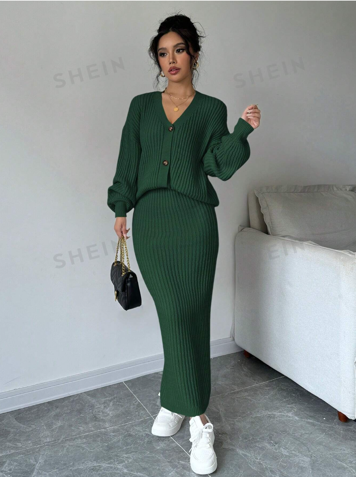 2 pièces/ensemble femme décontracté couleur unie cardigan et jupe, - Image 2