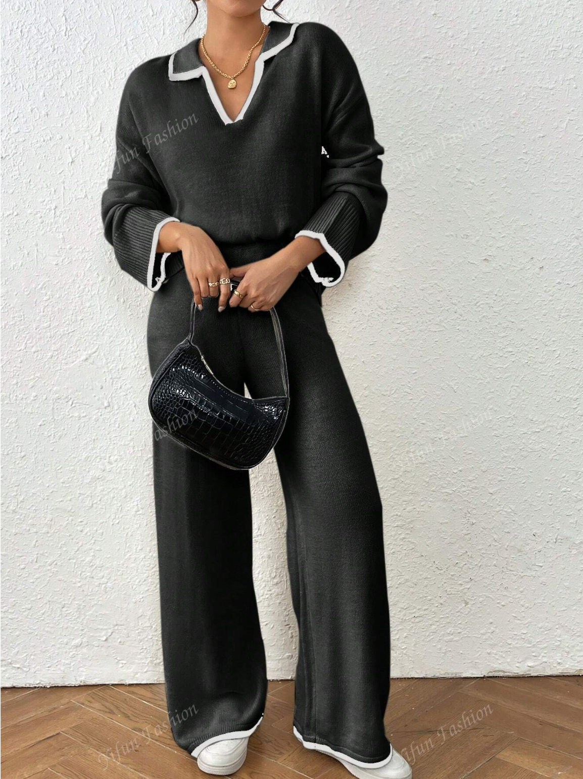 Ensemble 2 pièces haut et pantalon simples à manches longues avec épissure de couleur contrastée - Image 5