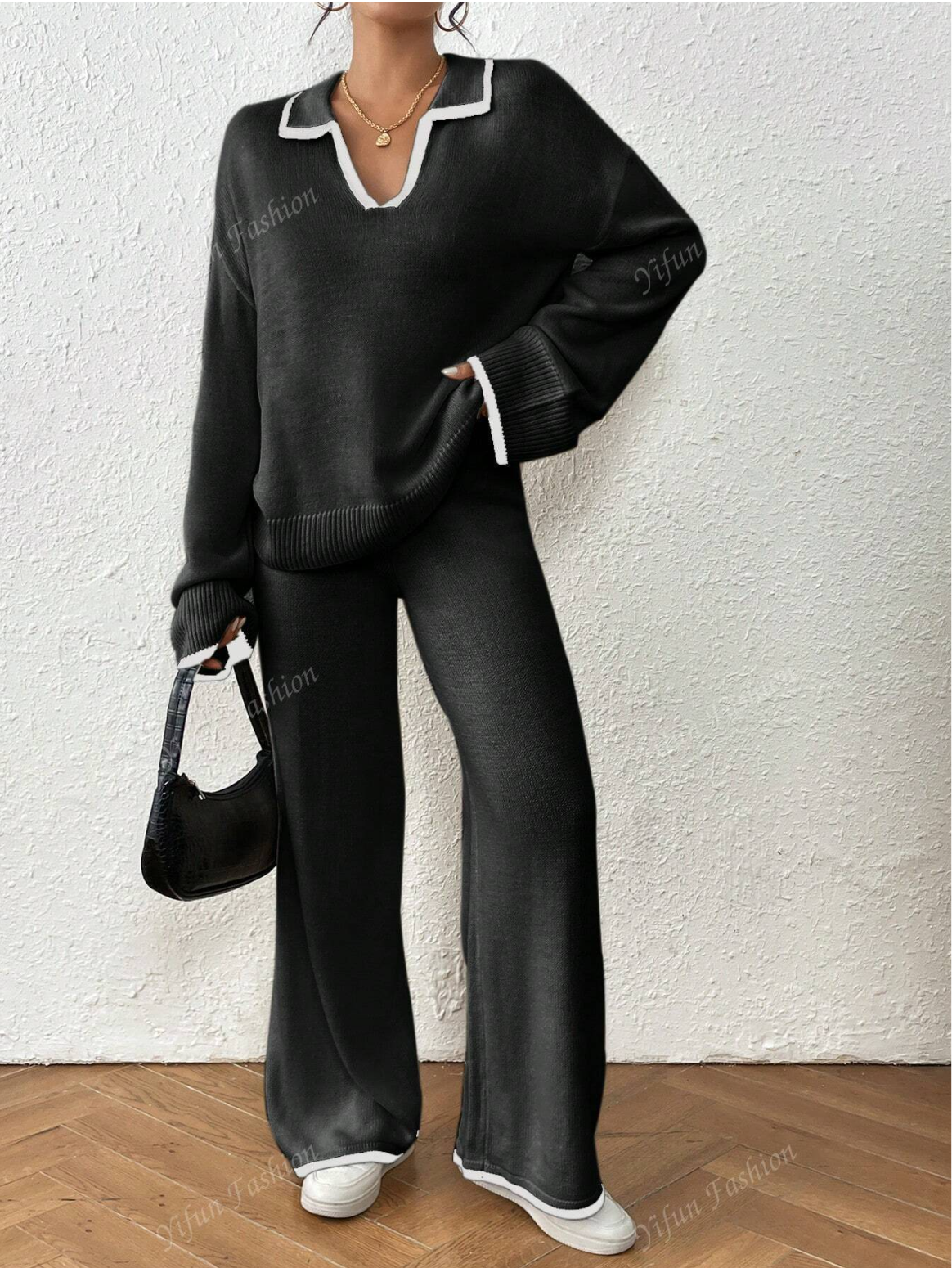 Ensemble 2 pièces haut et pantalon simples à manches longues avec épissure de couleur contrastée - Image 4