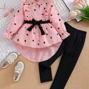 SHEIN Jeune fille printemps et automne nouvelle mode chic ensemble ceinturé haut et leggings, 2 pièces