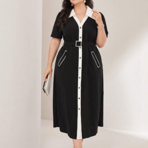 SHEIN Modely Plus Robe Chemise À Bordure Contrastante À Bouton Ceinturé