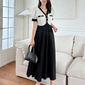 DAZY Robe longue casual à manches courtes, boutons devant, patchwork de couleurs contrastées pour femmes