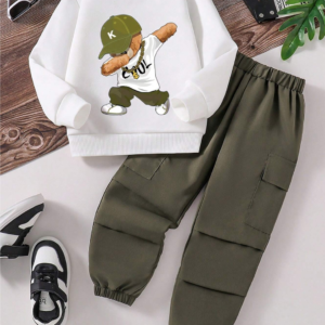 T-shirt à col rond imprimé ours pour jeunes garçons et pantalon cargo