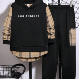 Ensemble 2 pièces sweat-shirt à capuche et pantalon en tissu à carreaux