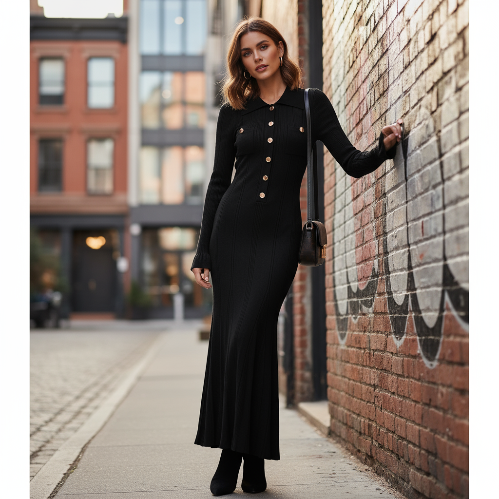 Robe SANDRO Longue Bordeaux avec Boutons Dorés et Manches Longues