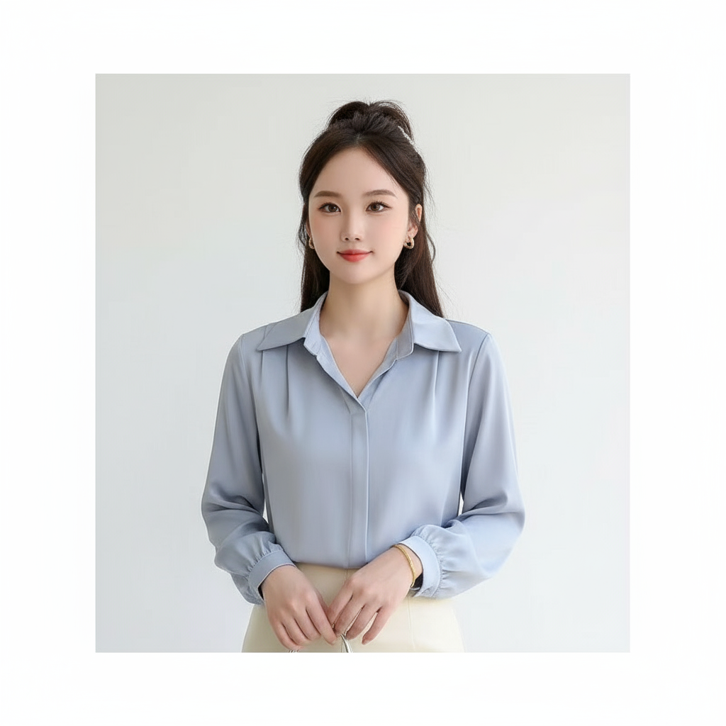 Chemise Élégante en Soie Bleue avec Manches Bouffantes - Image 6