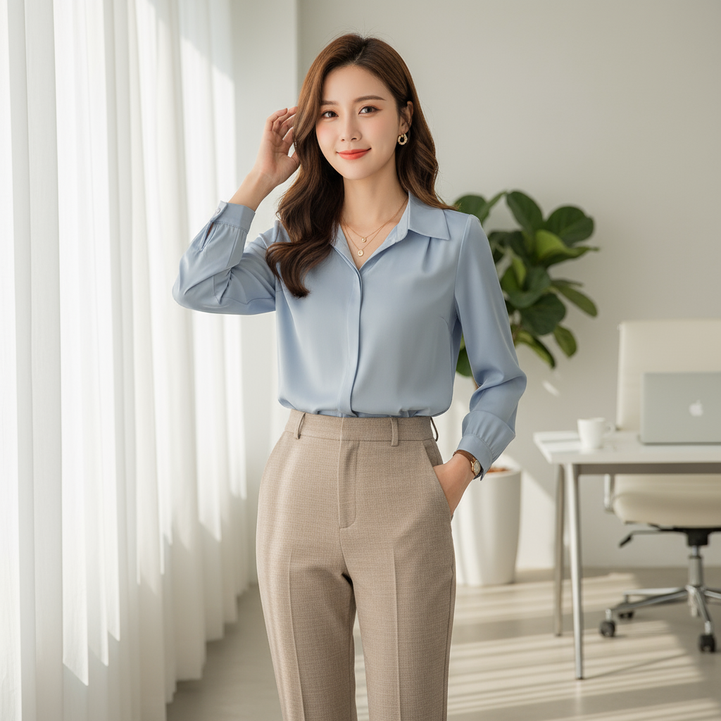 Chemise Élégante en Soie Bleue avec Manches Bouffantes - Image 3