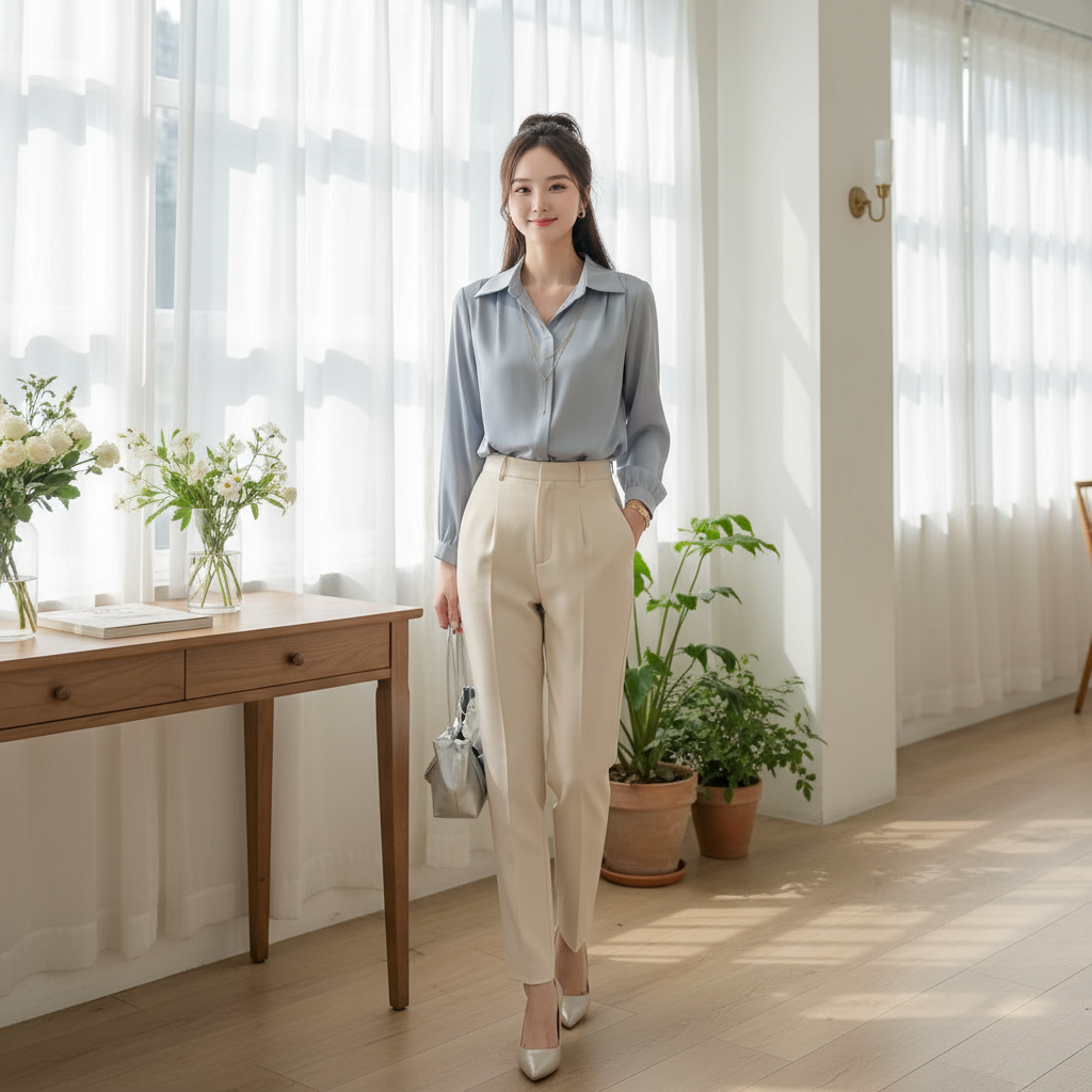 Chemise Élégante en Soie Bleue avec Manches Bouffantes - Image 4