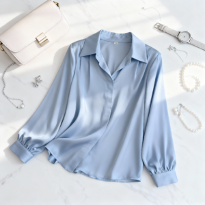 Chemise Élégante en Soie Bleue avec Manches Bouffantes