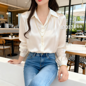 Chemise Élégante en Soie Bleue avec Manches Bouffantes